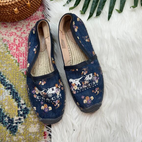 $135 COACH Blue Floral Dinosaur Flower Slip On Flat Denim Casey Espadrille 7 - Picture 1 of 8